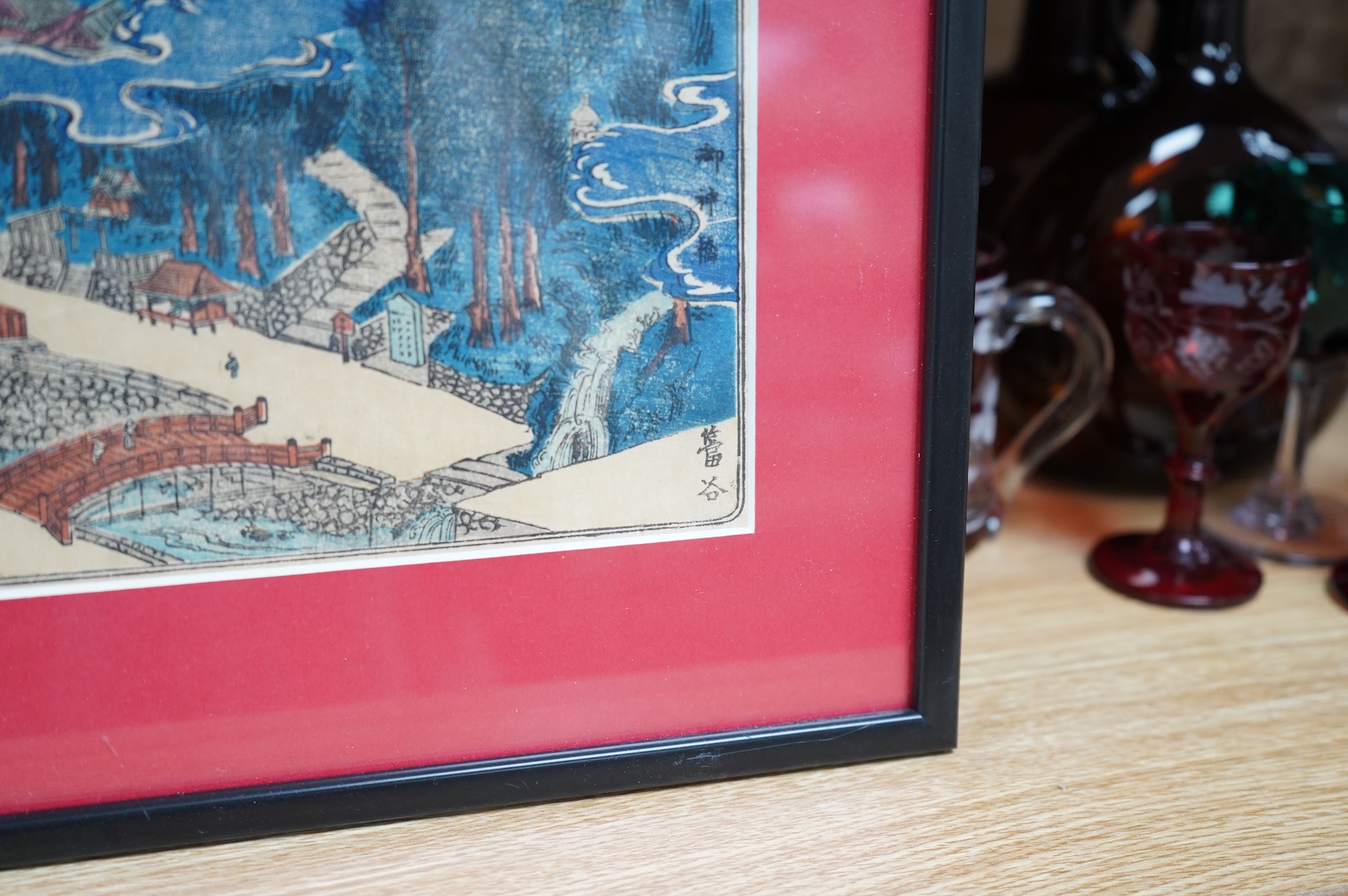 A set of four Japanese woodblock later reprints, Winter scenes, together with a later example, 18 x 25cm